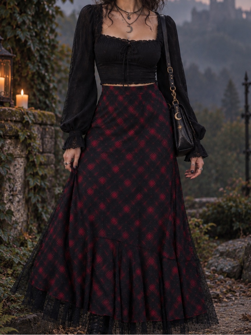 Trish Scully Black Red Plaid Mesh Polka Dot Overlay Trumpet Maxi Skirt- Size 2